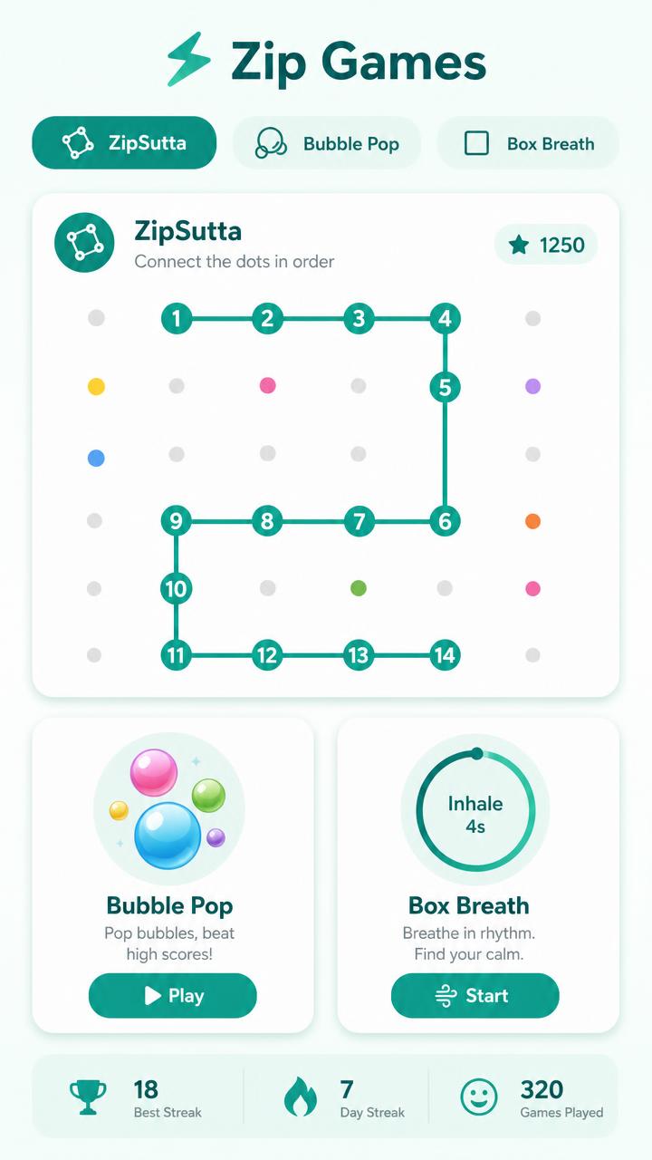 Quit Sutta Zip Games screen with ZipSutta puzzle, Bubble Pop and Box Breath