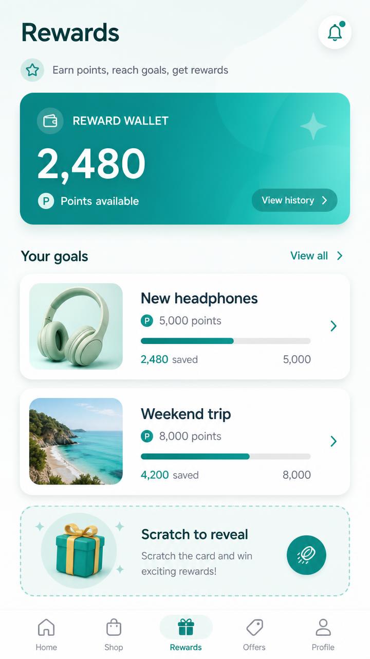 Quit Sutta rewards screen with reward wallet, savings goals and a scratch card